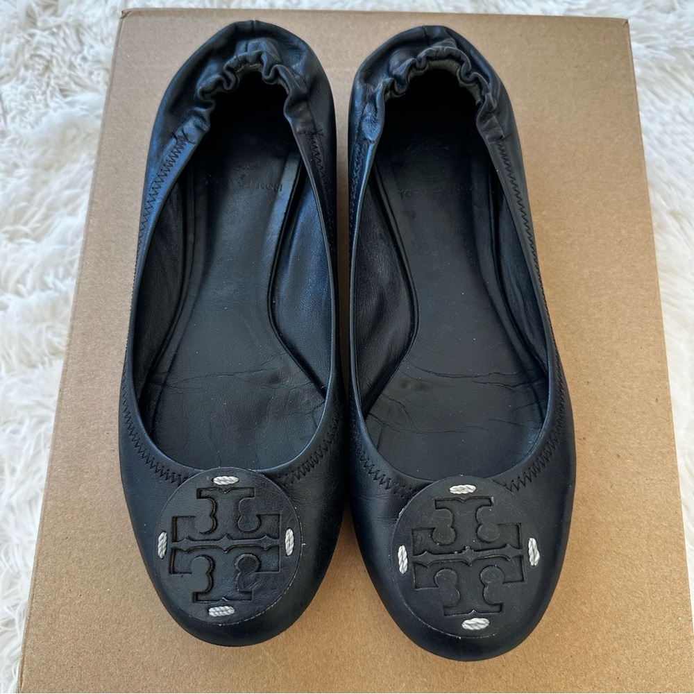 Tory Burch Minnie Travel Ballet Flats Black Leather Logo Women’s Size 8 8.5